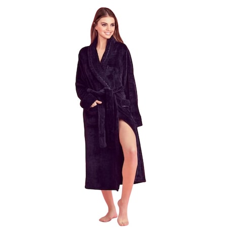 Women Plush Shawl Collar Robe, Fleece Bathrobe, Black L/XL